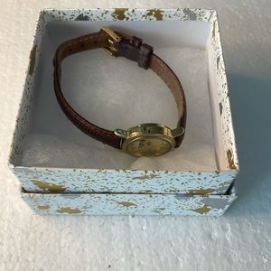 Vintage 90s FedEx Montreaux watch gold dial women brown leather band second hand